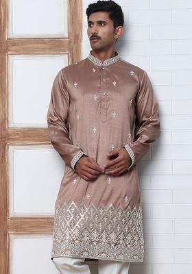 Brown Embroidered Silk Kurta For Men