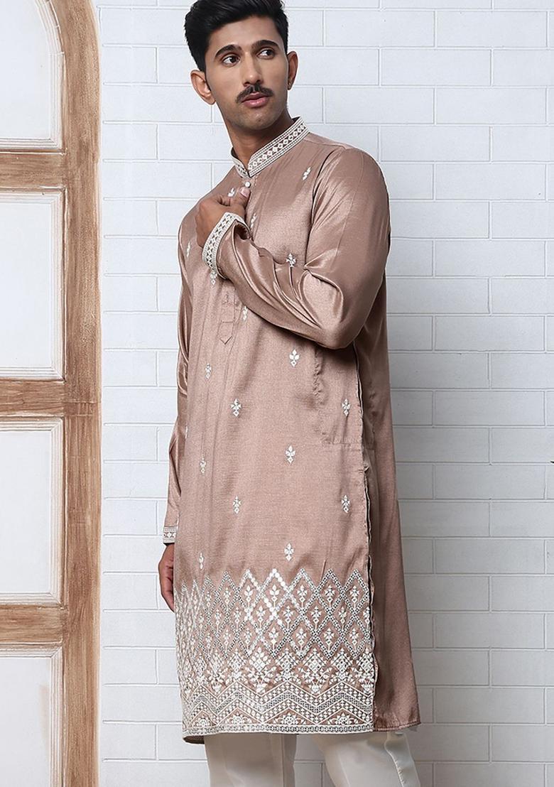 Brown Embroidered Silk Kurta For Men - Indya
