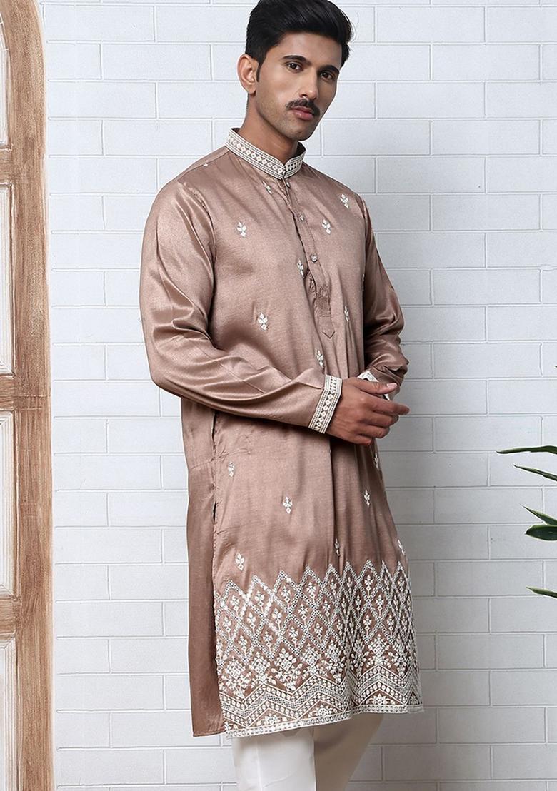 Brown Embroidered Silk Kurta For Men - Indya