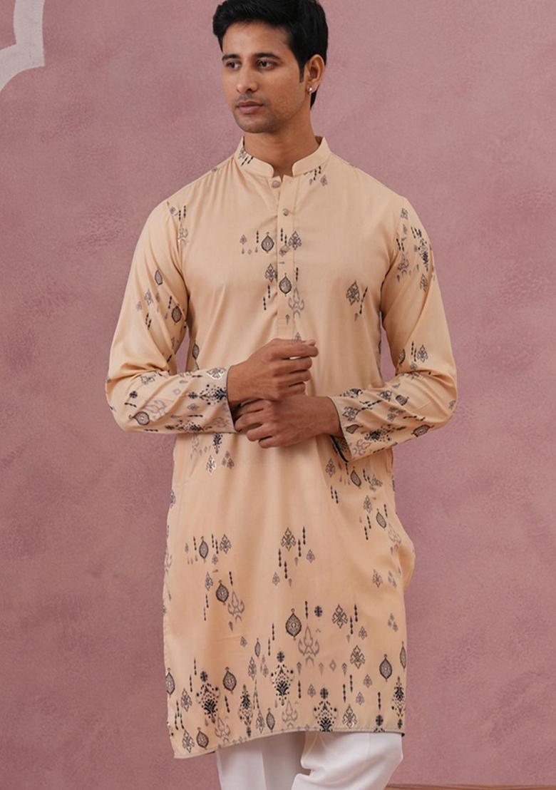 Beige Printed Silk Kurta For Men - Indya