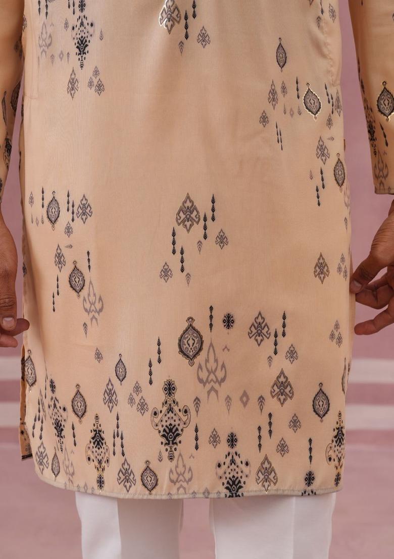 Beige Printed Silk Kurta For Men - Indya