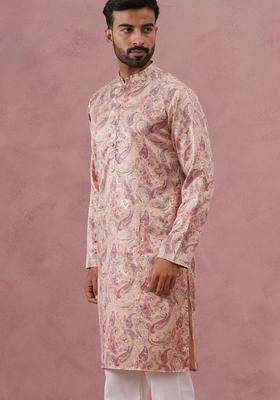 Beige Printed Silk Blend Kurta For Men