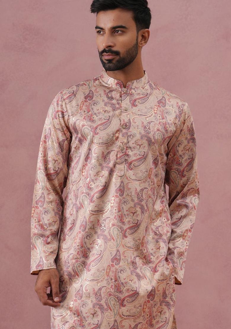 Beige Printed Silk Kurta For Men - Indya