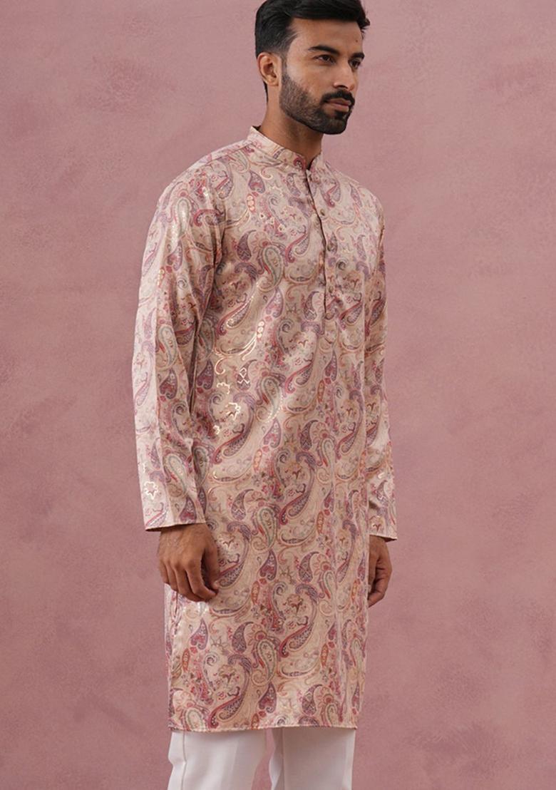 Beige Printed Silk Kurta For Men - Indya