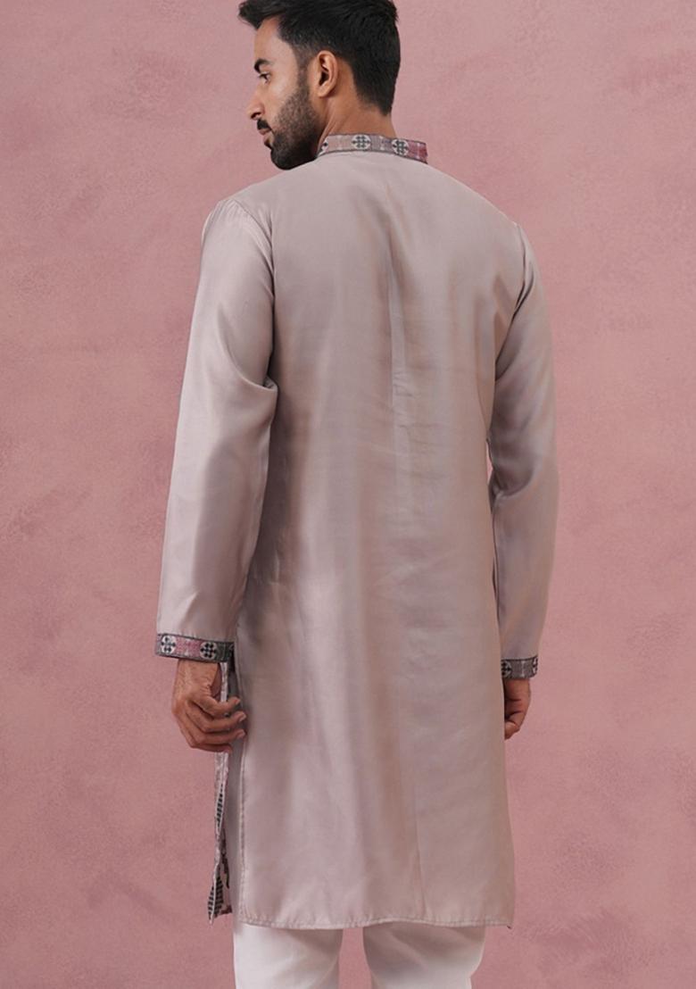 Grey Embroidered Silk Kurta For Men - Indya
