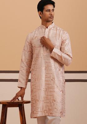 Peach Woven Design Silk Kurta For Men