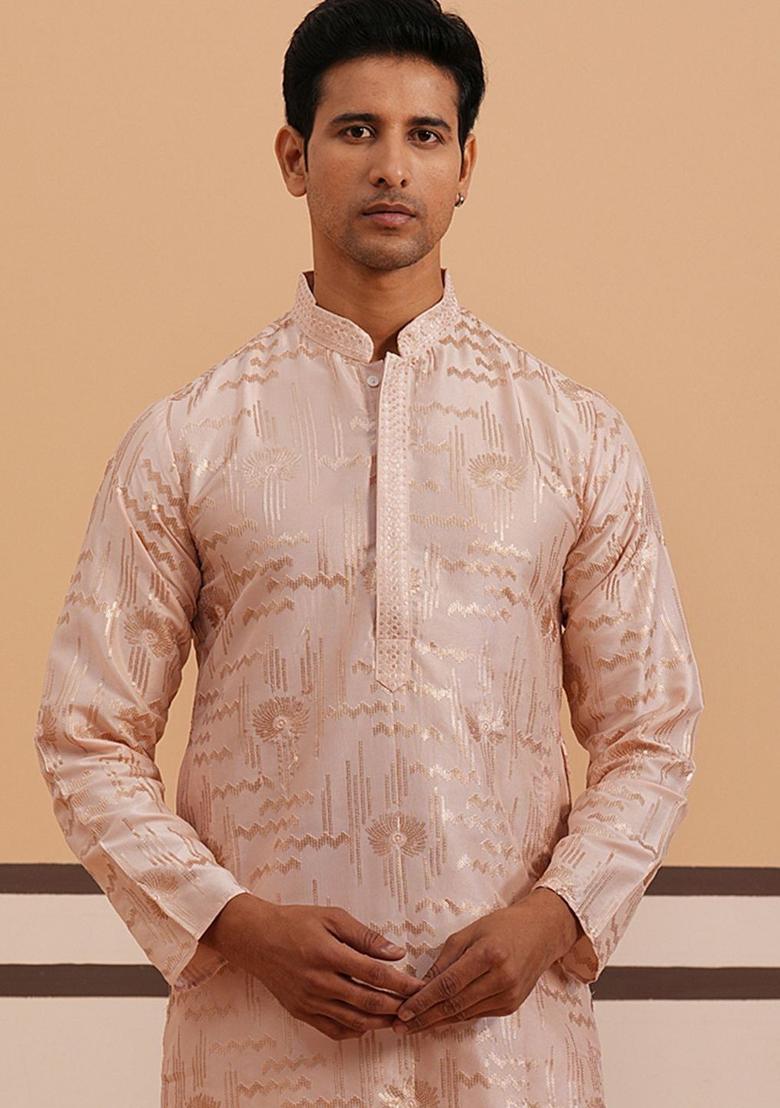 Peach Woven Design Silk Kurta For Men - Indya