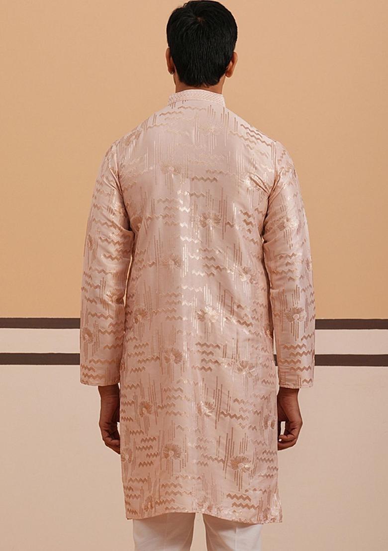 Peach Woven Design Silk Kurta For Men - Indya