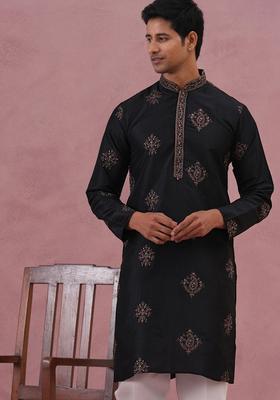 Black Embellished Silk Kurta For Men