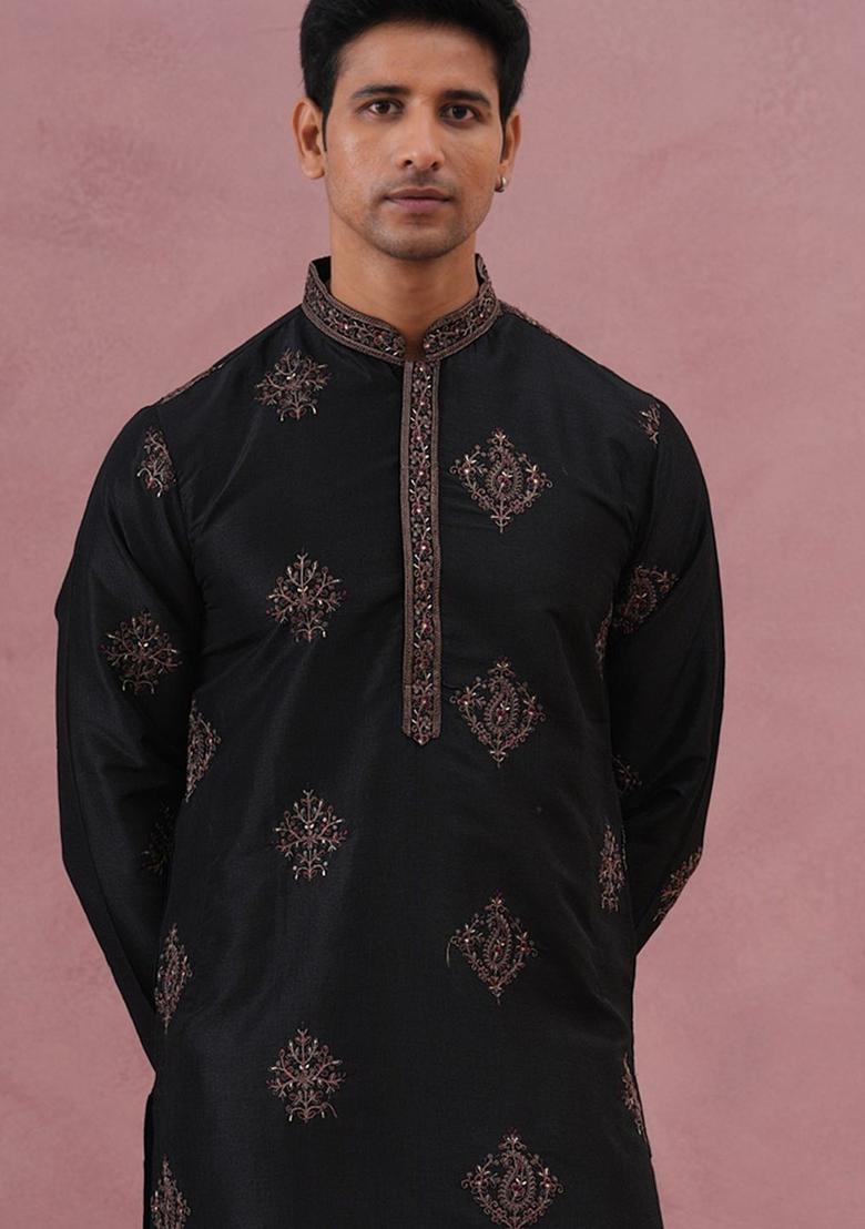 Black Embellished Silk Kurta For Men - Indya