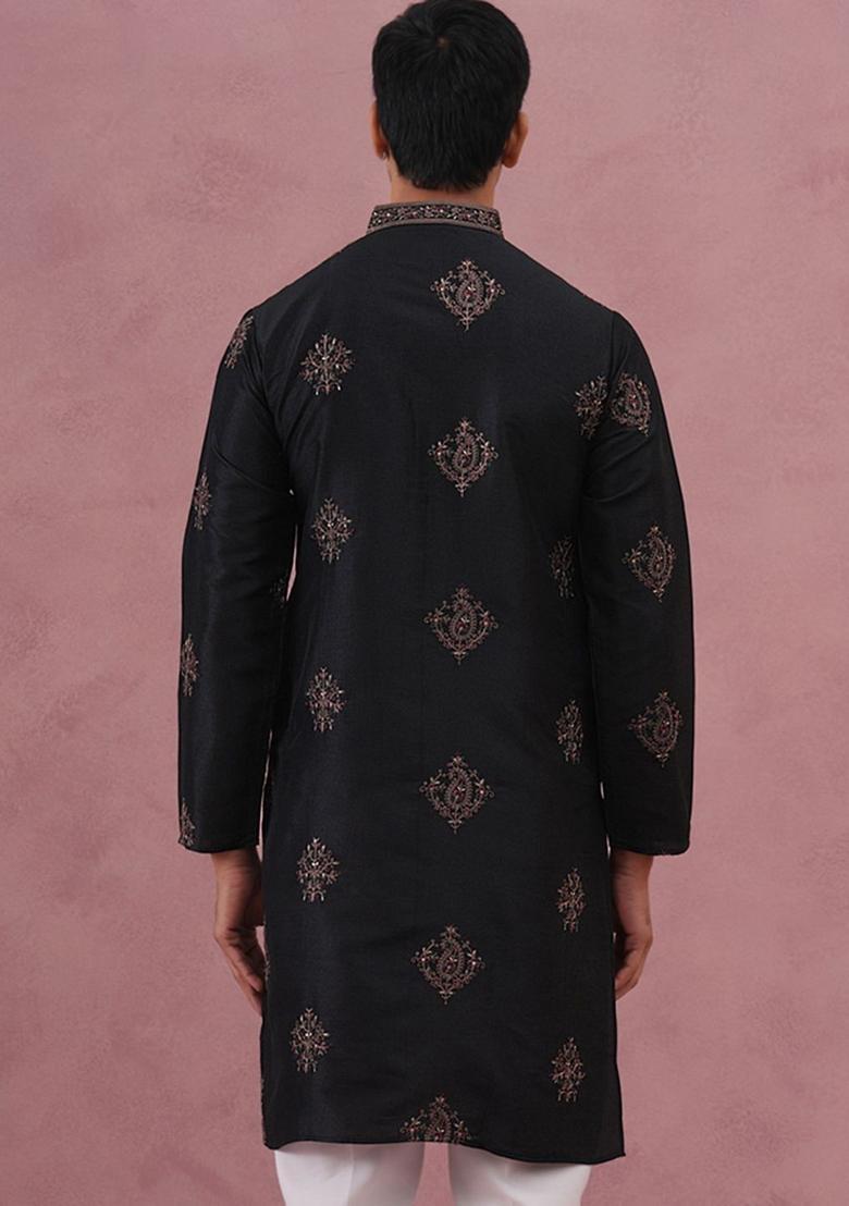 Black Embellished Silk Kurta For Men - Indya