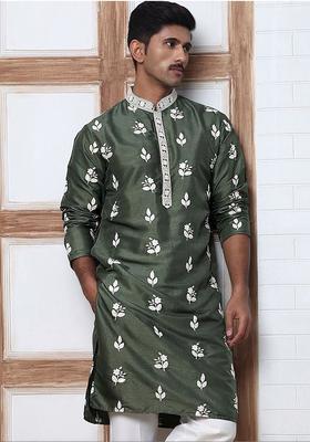 Olive Embroidered Silk Kurta For Men