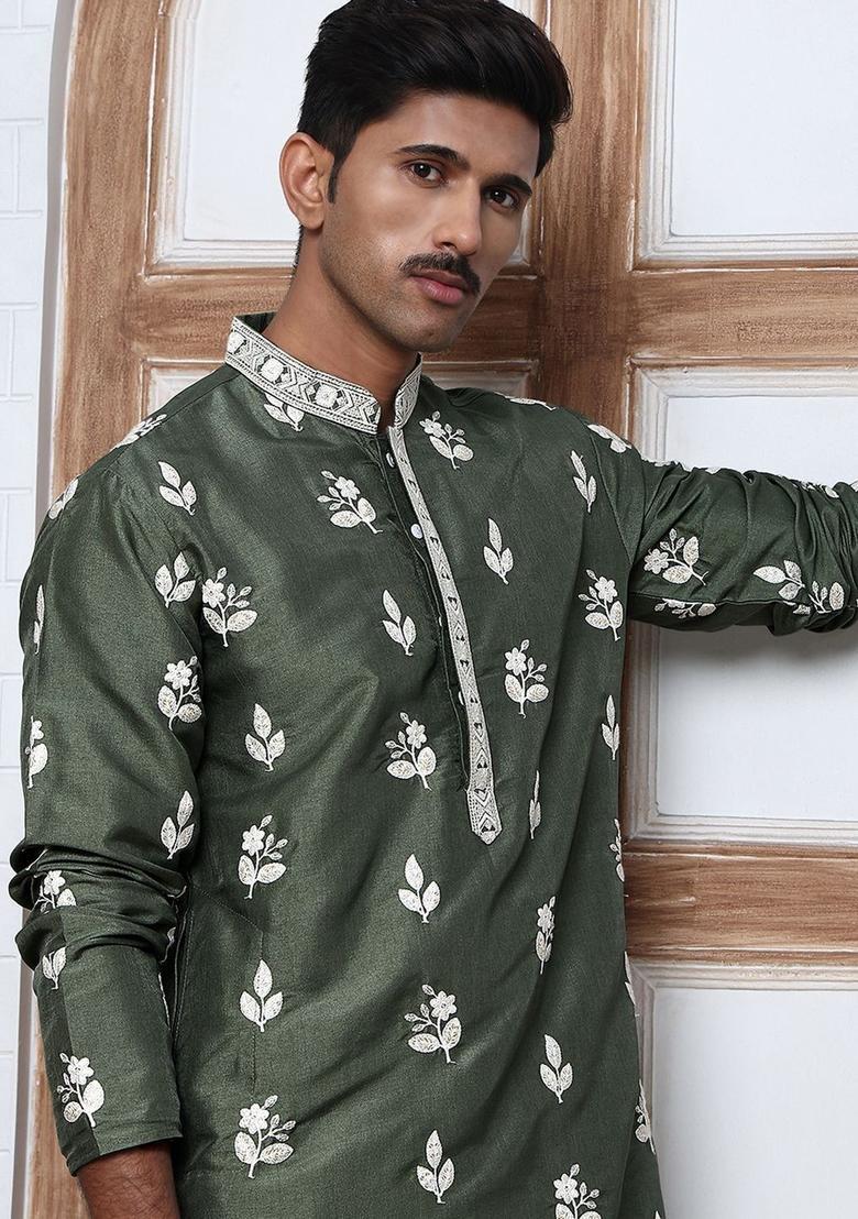 Olive Embroidered Silk Kurta For Men - Indya