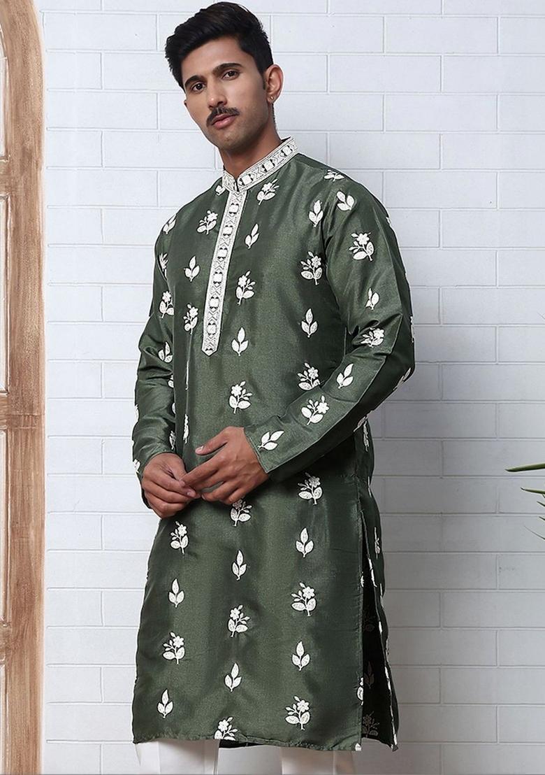 Olive Embroidered Silk Kurta For Men - Indya