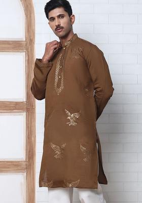 Brown Embroidered Silk Kurta For Men