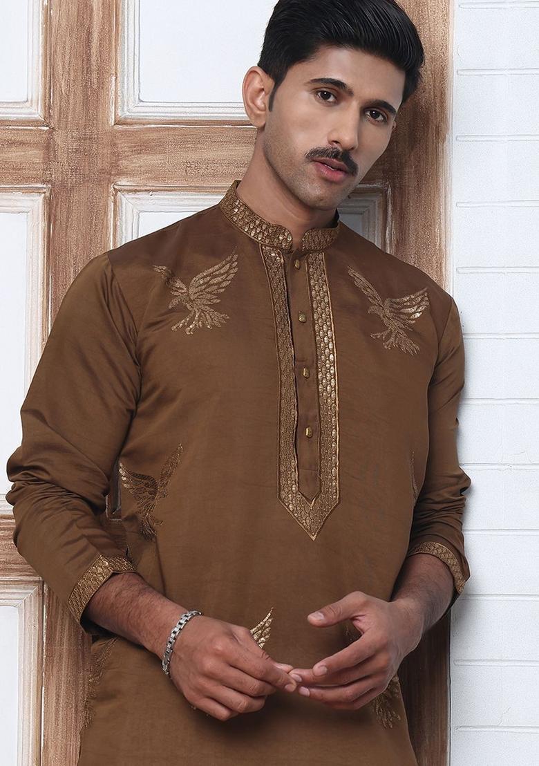 Brown Embroidered Silk Kurta For Men - Indya