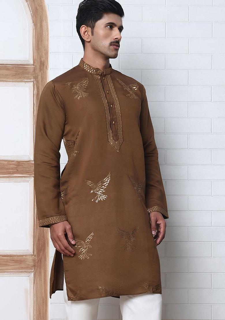 Brown Embroidered Silk Kurta For Men - Indya