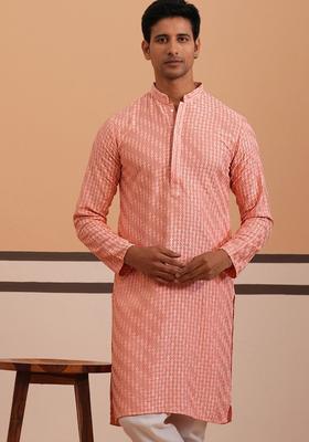 Peach Woven Design Viscose Kurta For Men
