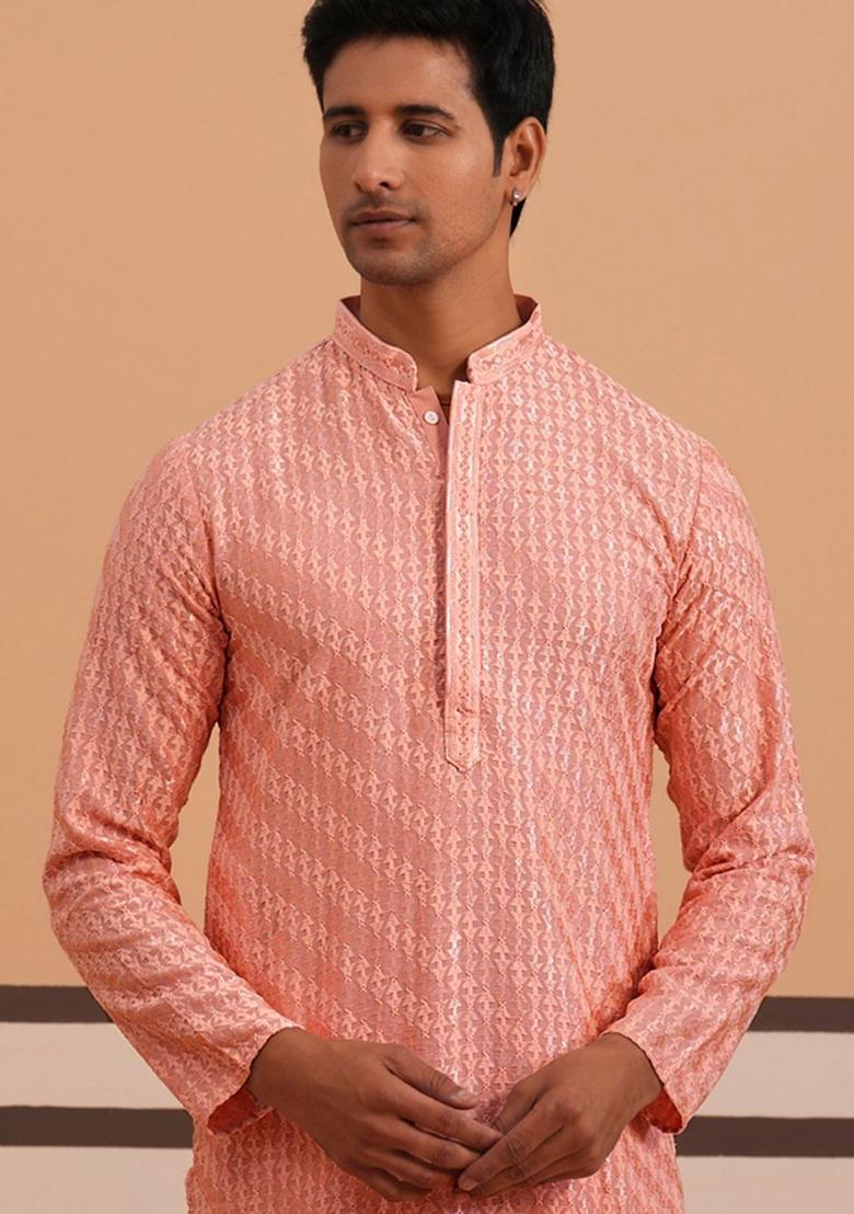 Peach Woven Design Viscose Kurta For Men - Indya