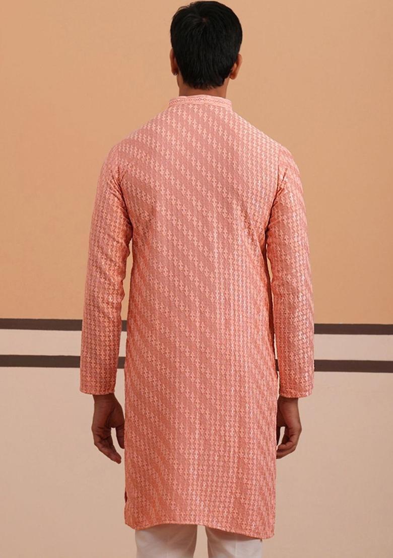 Peach Woven Design Viscose Kurta For Men - Indya