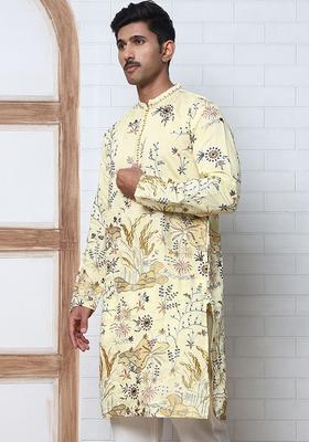 Yellow Printed Silk Kurta For Men