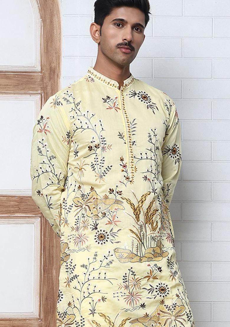 Yellow Printed Silk Kurta For Men - Indya
