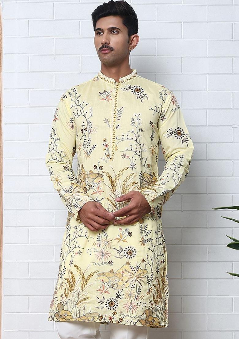 Yellow Printed Silk Kurta For Men - Indya