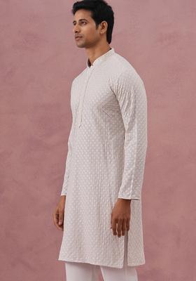 Grey Embroidered Viscose Kurta For Men