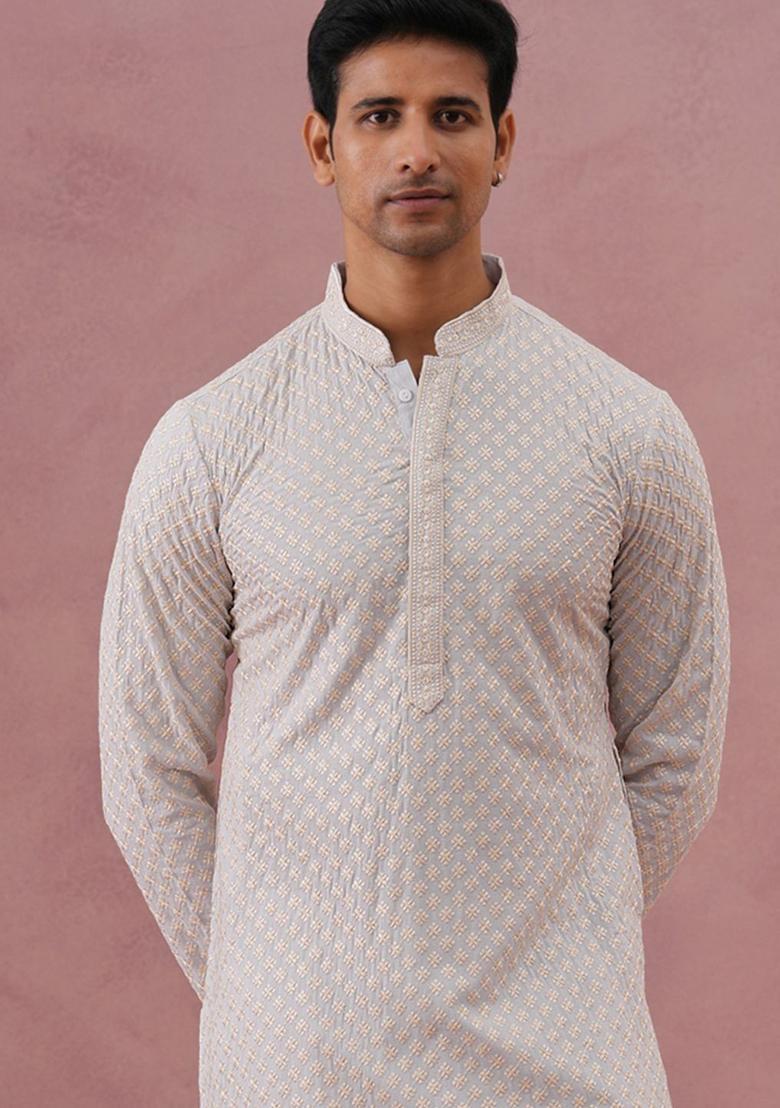 Grey Embroidered Viscose Kurta For Men - Indya