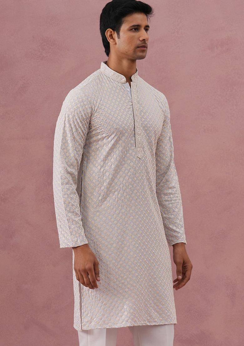 Grey Embroidered Viscose Kurta For Men - Indya