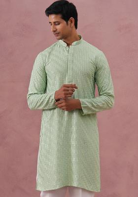 Green Woven Design Viscose Kurta For Men