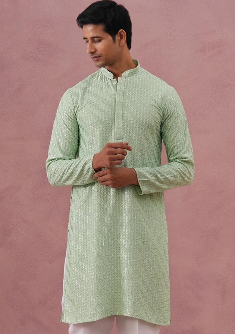 Green Woven Design Viscose Kurta For Men - Indya