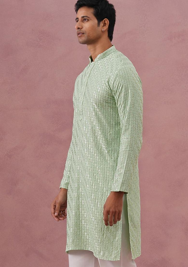Green Woven Design Viscose Kurta For Men - Indya