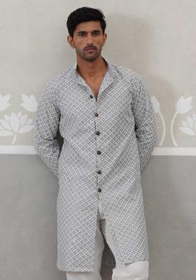 Grey Embroidered Silk Kurta For Men