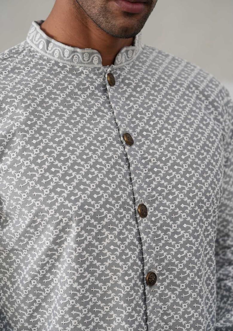 Grey Embroidered Silk Kurta For Men - Indya