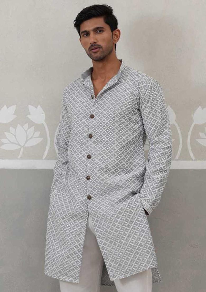 Grey Embroidered Silk Kurta For Men - Indya
