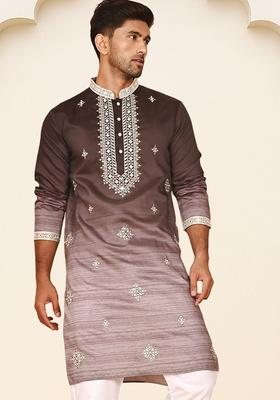 Brown Embroidered Silk Kurta For Men
