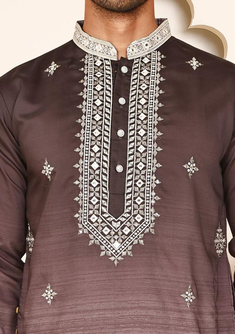 Brown Embroidered Silk Kurta For Men - Indya