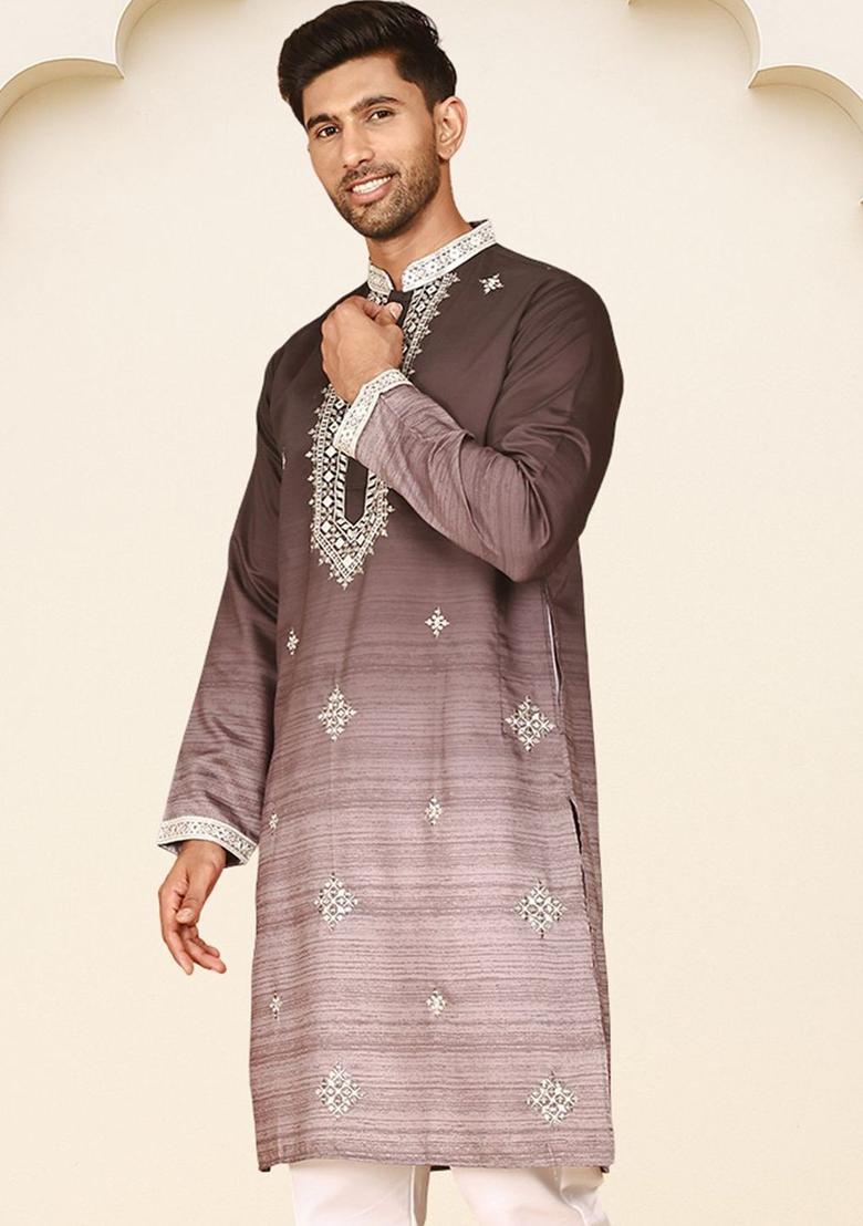 Brown Embroidered Silk Kurta For Men - Indya