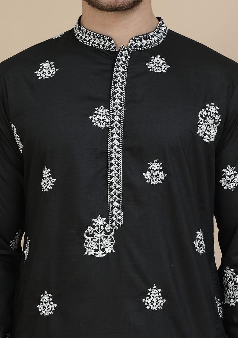 Black Embroidered Silk Kurta With Dupatta For Men - Indya