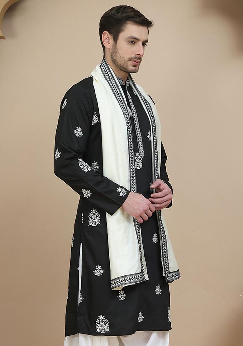 Black Embroidered Silk Kurta With Dupatta For Men - Indya