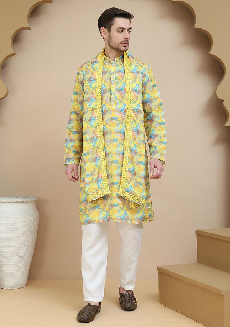 Yellow Embroidered Silk Kurta With Dupatta For Men - Indya