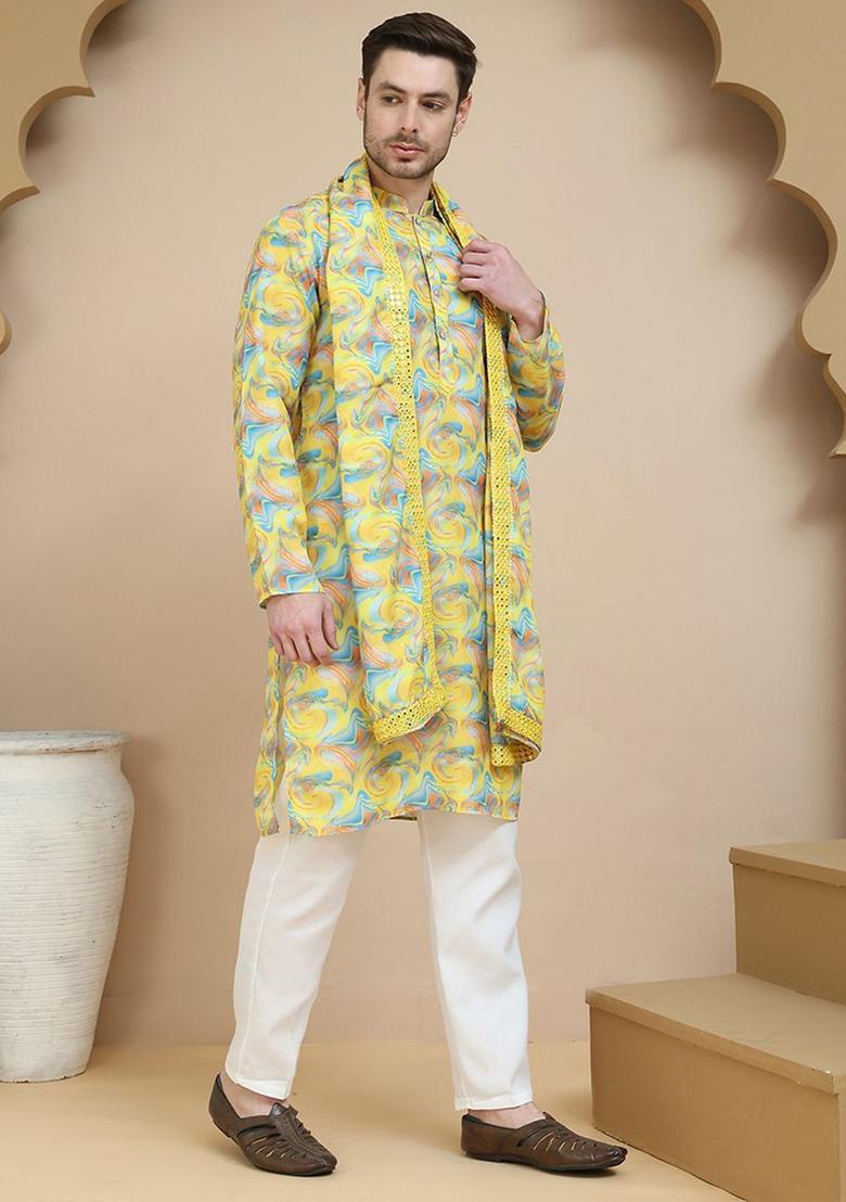 Yellow Embroidered Silk Kurta With Dupatta For Men - Indya