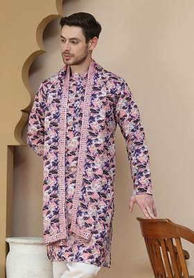 Purple Embroidered Silk Kurta With Dupatta For Men
