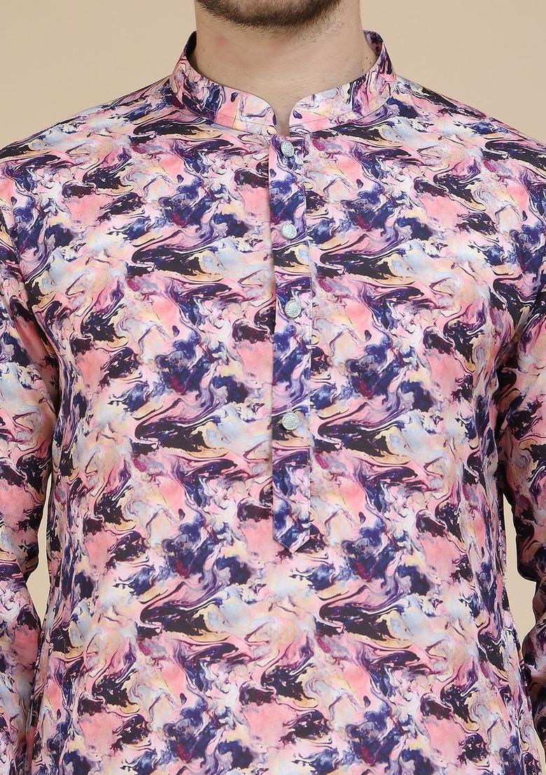 Purple Embroidered Silk Kurta With Dupatta For Men - Indya