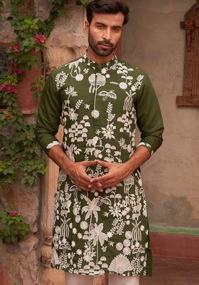 Olive Embroidered Silk Kurta For Men