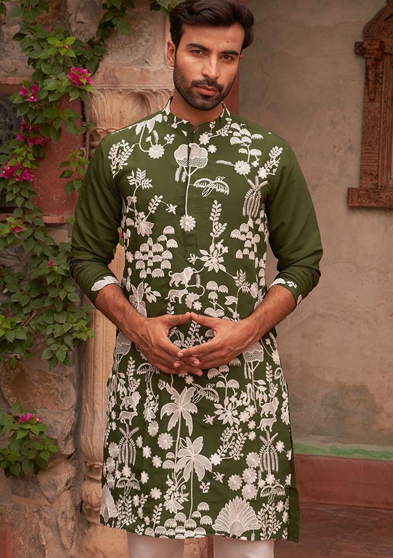 Olive Embroidered Silk Kurta For Men - Indya
