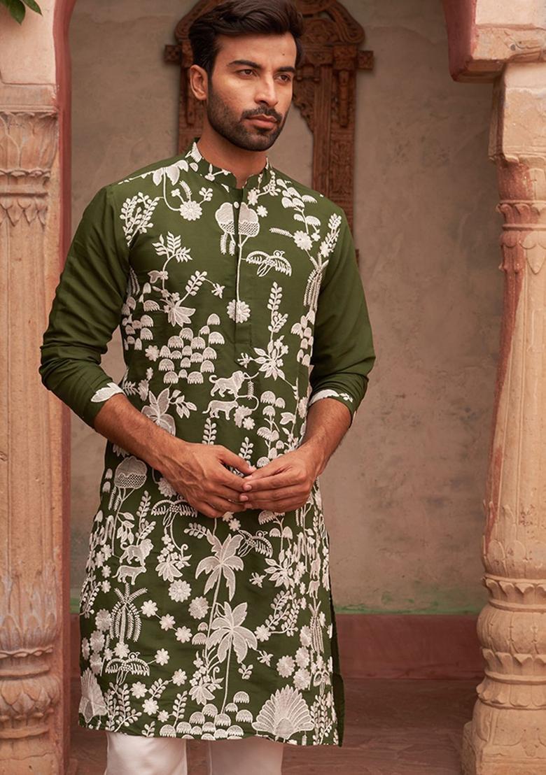 Olive Embroidered Silk Kurta For Men - Indya