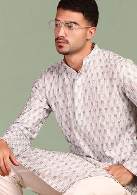 Beige Embroidered Cotton Kurta For Men