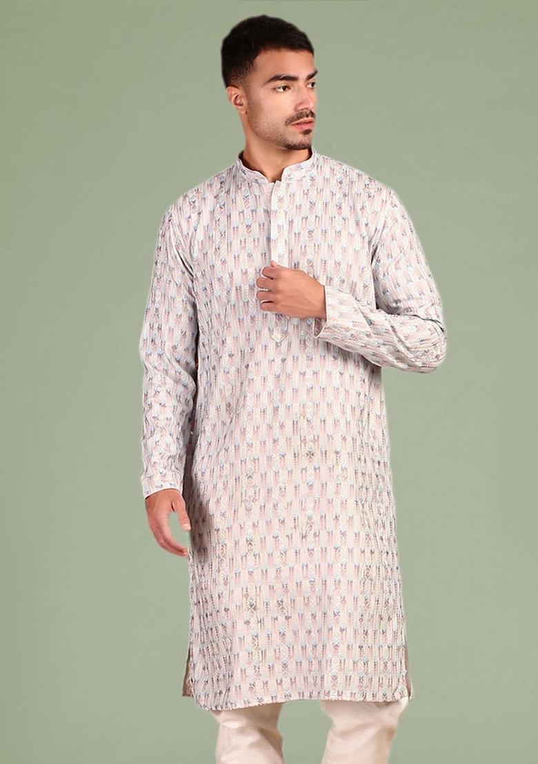 Beige Embroidered Cotton Kurta For Men - Indya